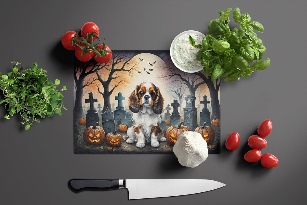 Cavalier Spaniel Spooky Halloween Cutting Board Tempered Glass Kitchen Cutting Surface, Heat Resistant Chopping, Non-Slip Feet, Food Prep & Serving
