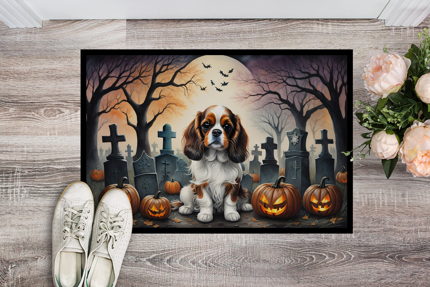 Cavalier Spaniel Spooky Halloween Doormat Indoor Outdoor 18H X 27W Front Door Mat Rugs for Entryway, Non Slip Washable