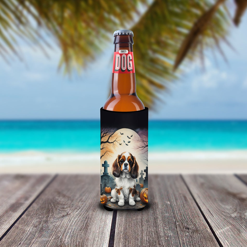 Cavalier Spaniel Spooky Halloween Slim Can Hugger , Insulated Foam Hugger for 12 oz Slim Cans, Beer Bottles & Water Bottles, Printed in USA