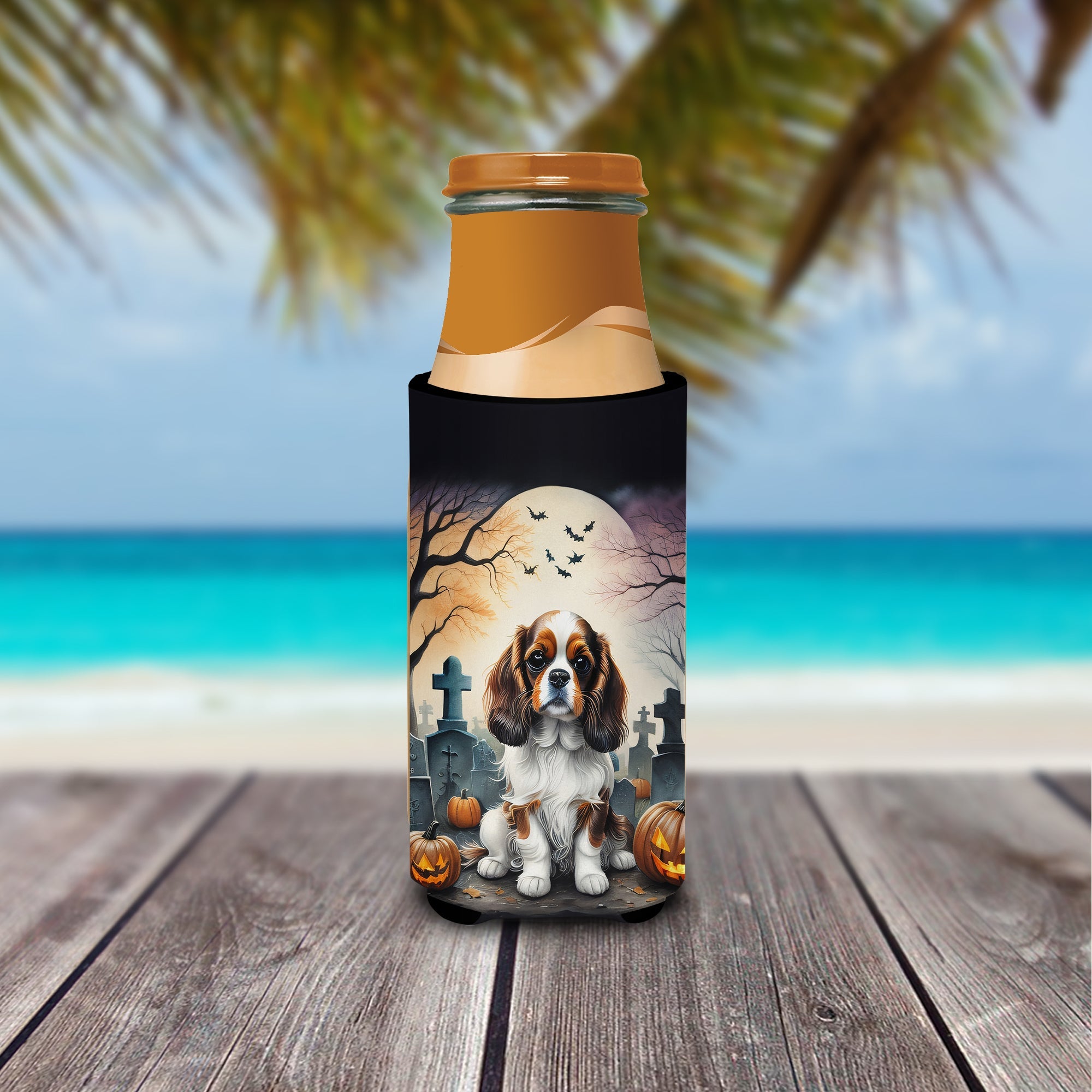 Cavalier Spaniel Spooky Halloween Slim Can Hugger , Insulated Foam Hugger for 12 oz Slim Cans, Beer Bottles & Water Bottles, Printed in USA