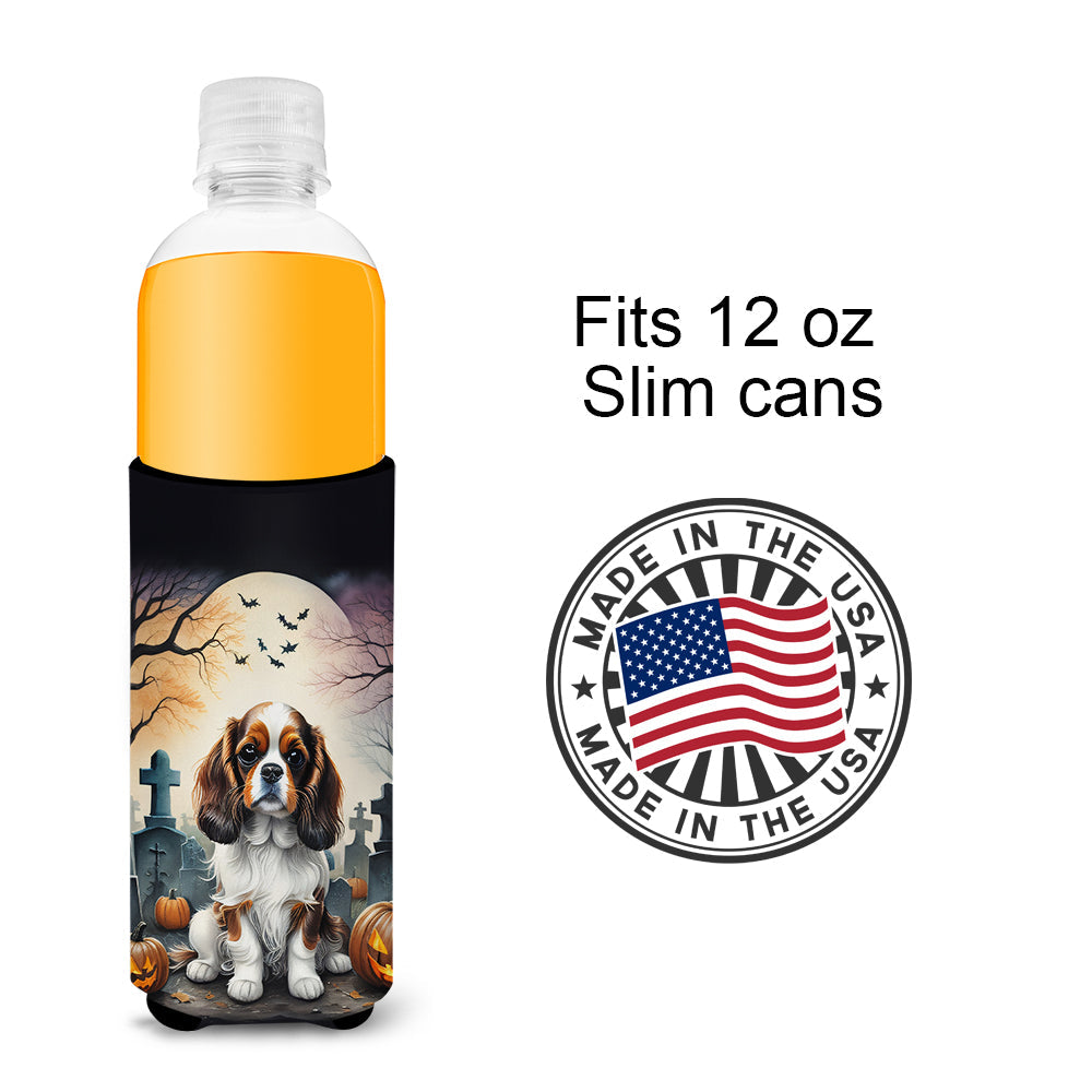 Cavalier Spaniel Spooky Halloween Slim Can Hugger , Insulated Foam Hugger for 12 oz Slim Cans, Beer Bottles & Water Bottles, Printed in USA