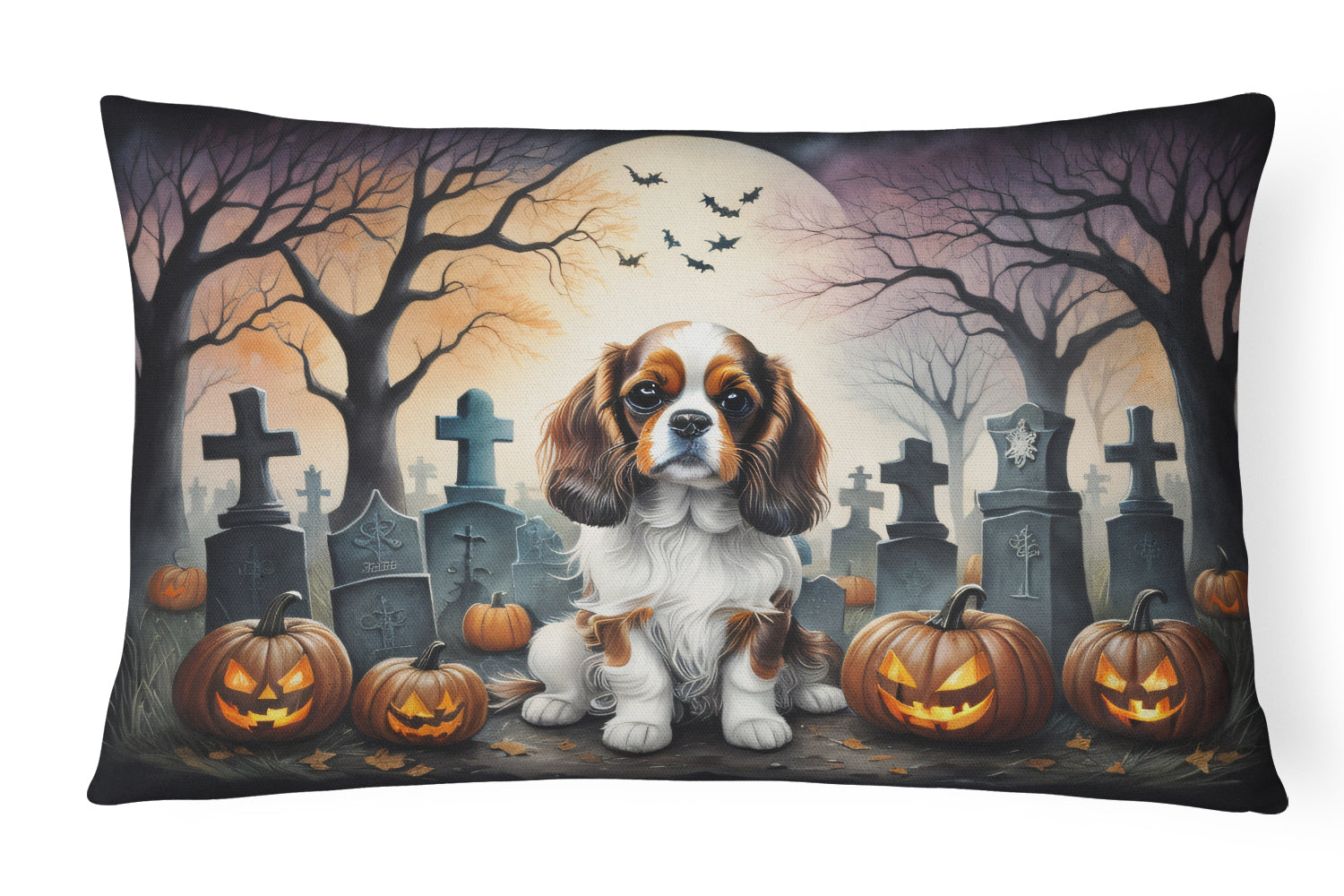 Cavalier Spaniel Spooky Halloween Decorative Throw Pillow 12x16 Indoor Outdoor Accent Cushion, Fabric Cover with Insert for Sofa, Bed, Porch & Living Room