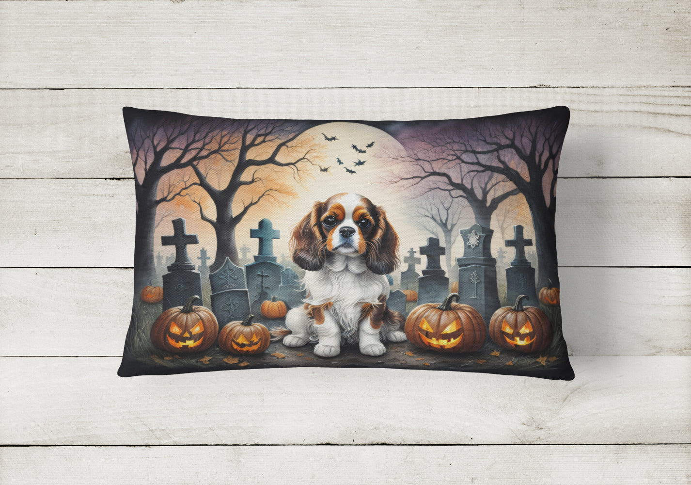 Cavalier Spaniel Spooky Halloween Decorative Throw Pillow 12x16 Indoor Outdoor Accent Cushion, Fabric Cover with Insert for Sofa, Bed, Porch & Living Room