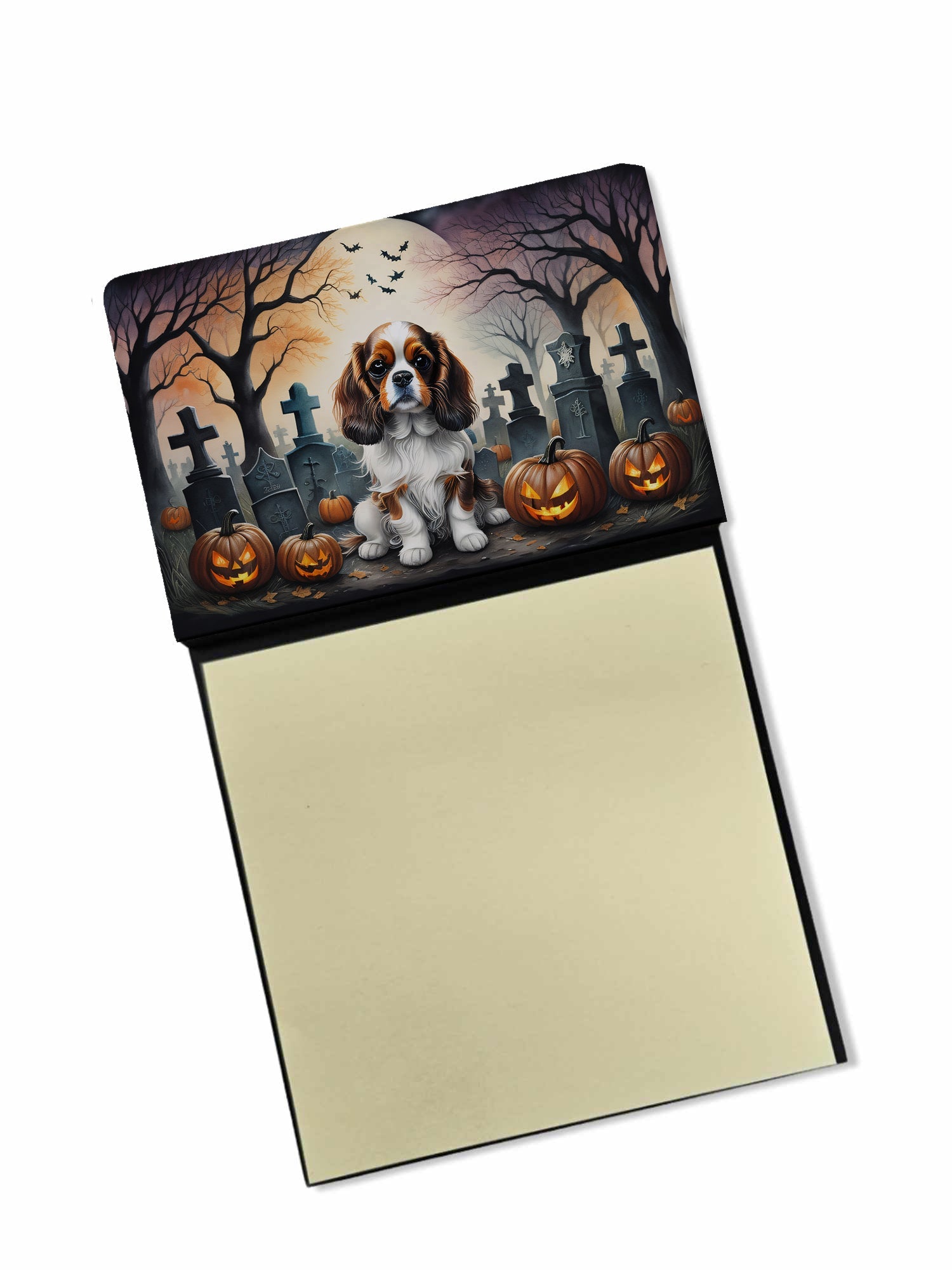 Cavalier Spaniel Spooky Halloween Watercolor Sticky Note Holder Refillable Dispenser Desk Accessory 3x3 Pad Gift
