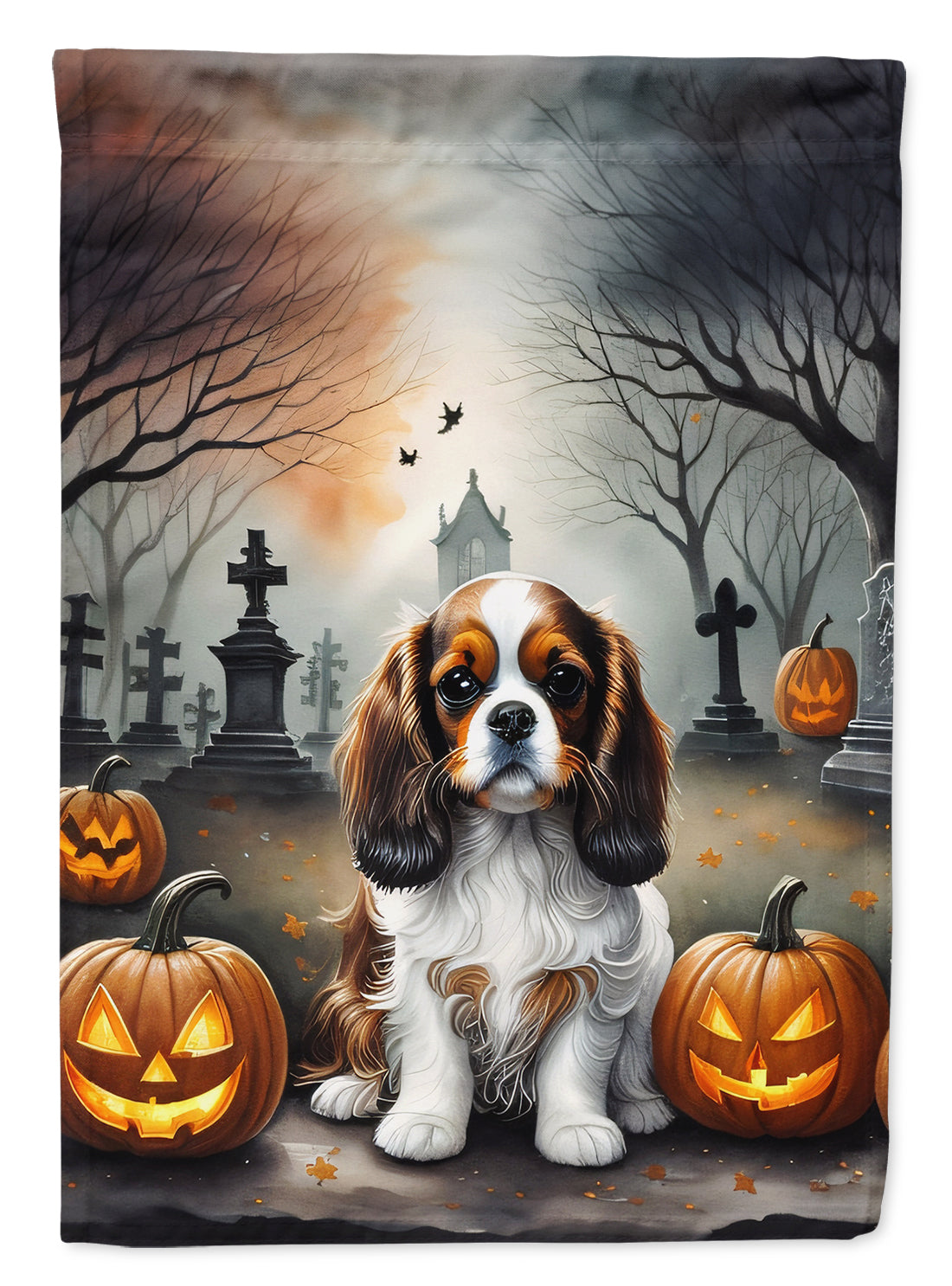 Cavalier Spaniel Spooky Halloween House Flag 28x40 Porch Sleeve Pole Decorative Outside Yard Banner Artwork Wall Hanging, Polyester