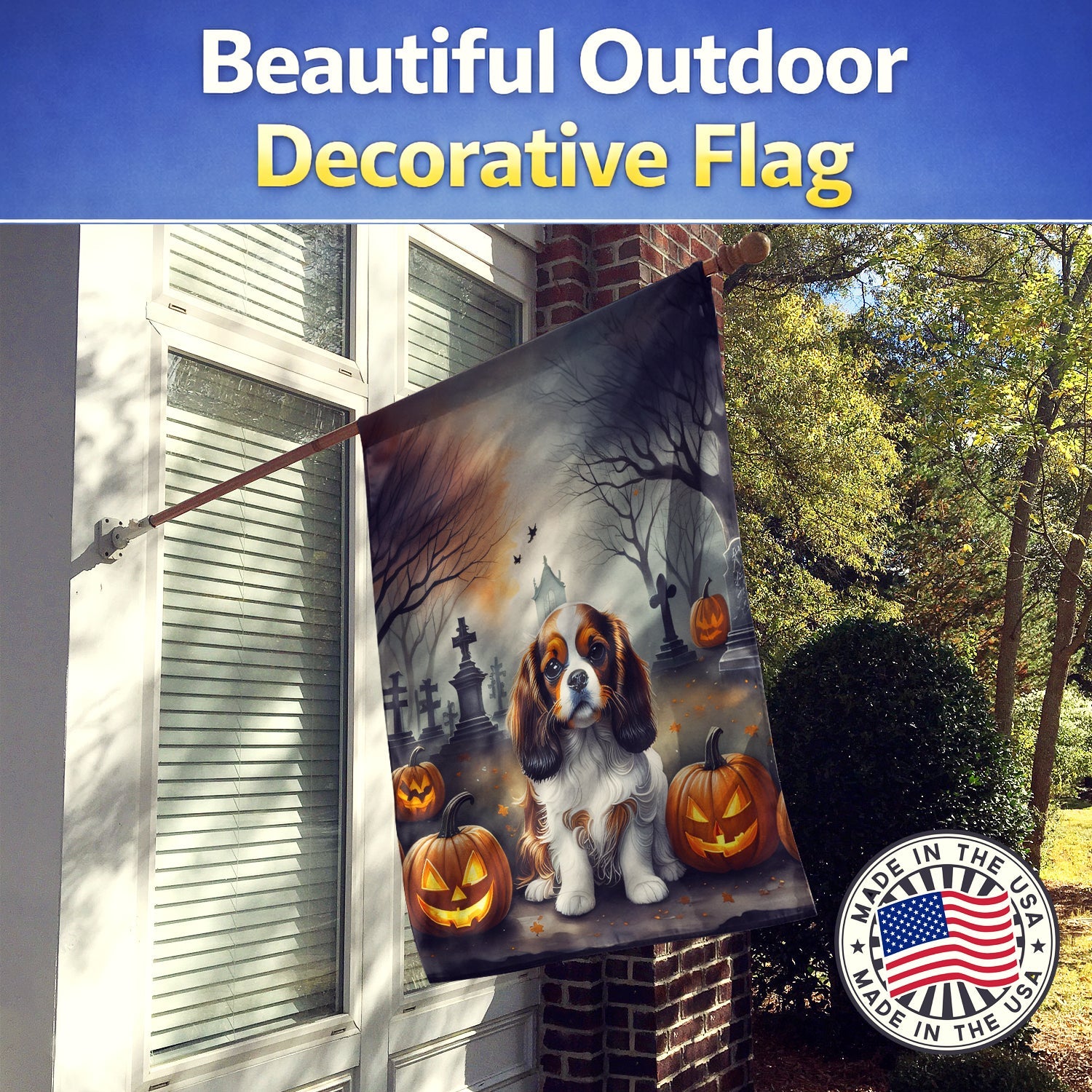 Cavalier Spaniel Spooky Halloween House Flag 28x40 Porch Sleeve Pole Decorative Outside Yard Banner Artwork Wall Hanging, Polyester