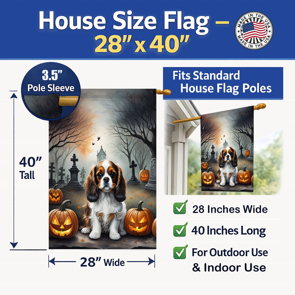 Cavalier Spaniel Spooky Halloween House Flag 28x40 Porch Sleeve Pole Decorative Outside Yard Banner Artwork Wall Hanging, Polyester