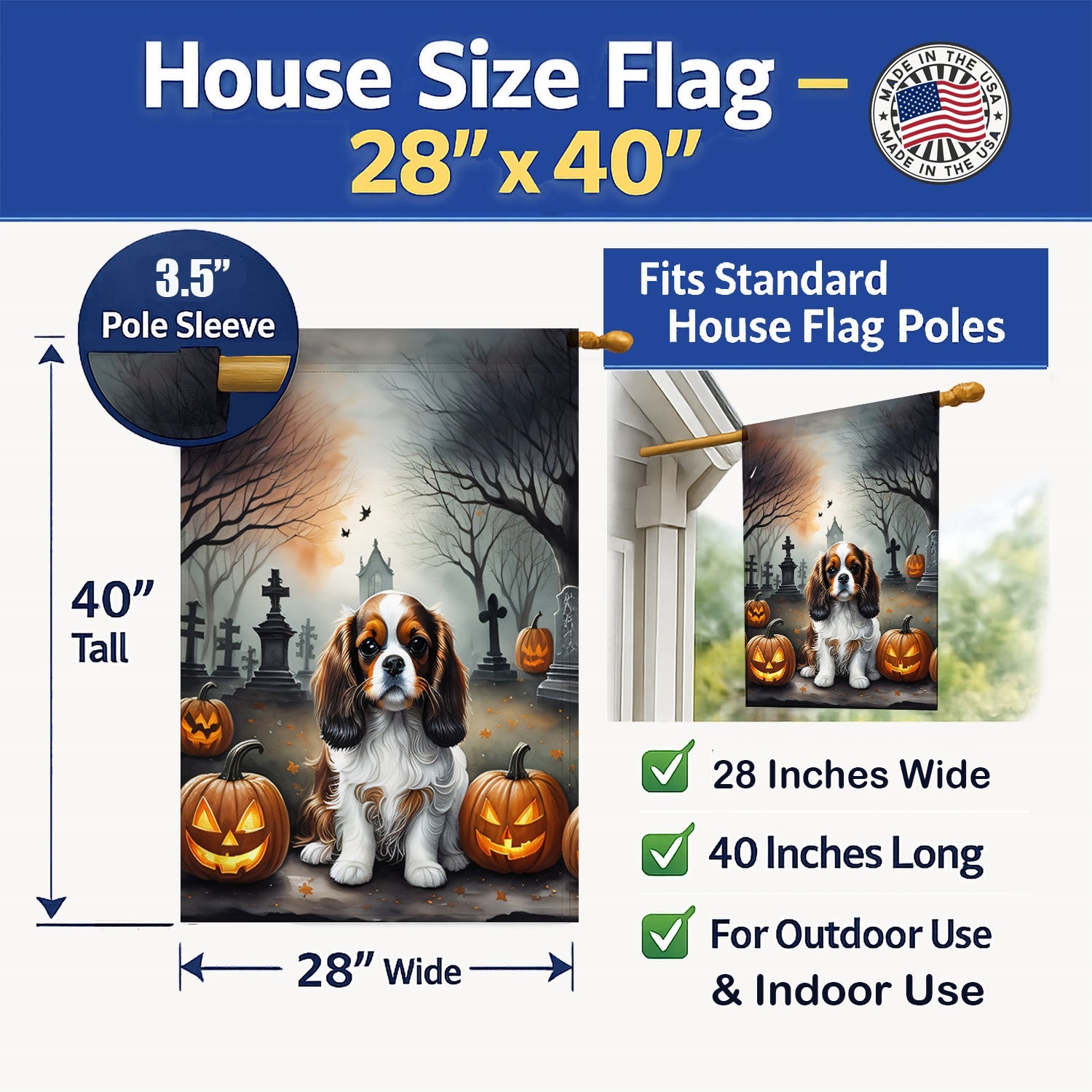 Cavalier Spaniel Spooky Halloween House Flag 28x40 Porch Sleeve Pole Decorative Outside Yard Banner Artwork Wall Hanging, Polyester