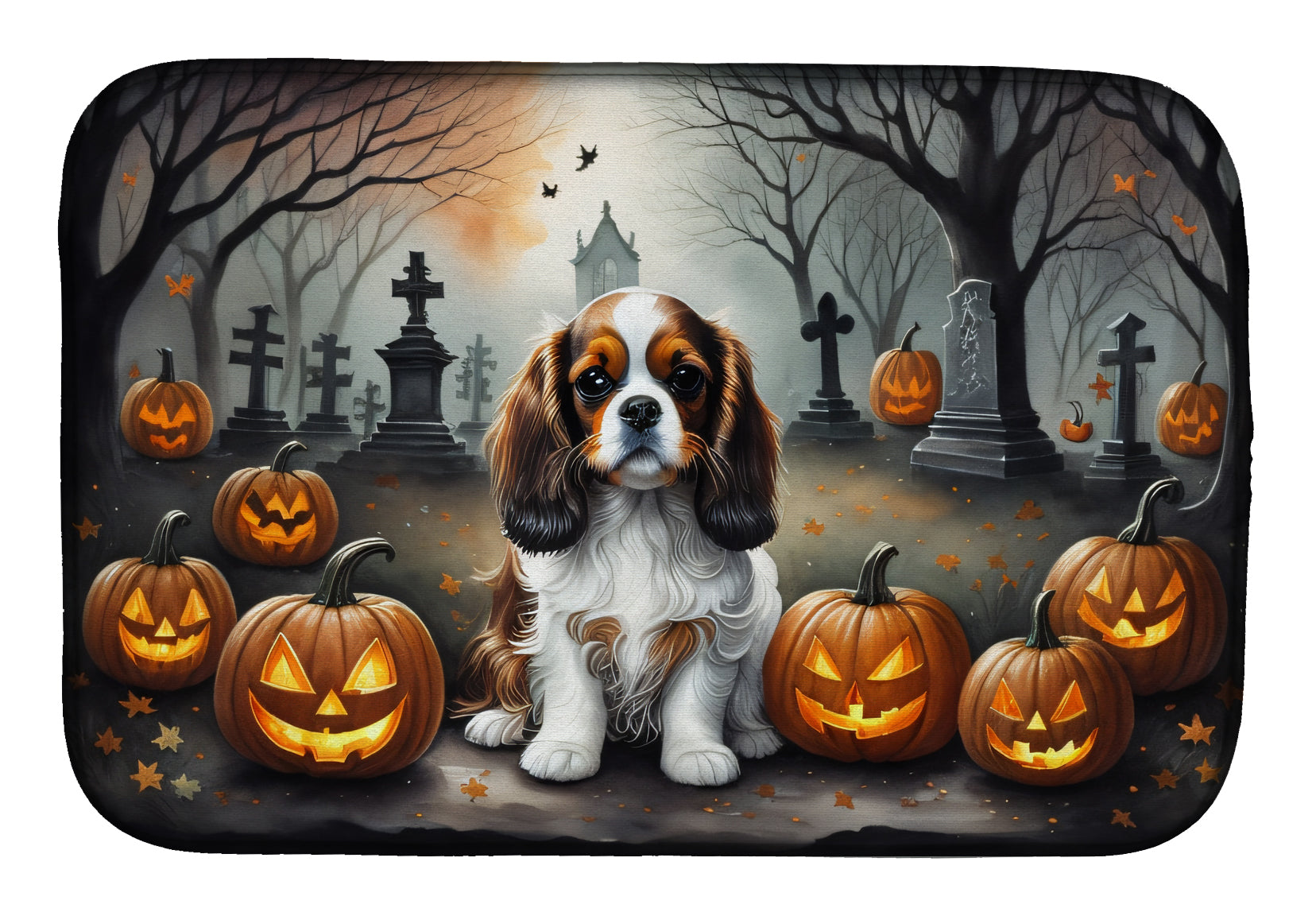 Cavalier Spaniel Spooky Halloween Dish Drying Mat Absorbent Dish Drying Mat Pad for Kitchen Counter Dish Drainer Mat for Countertop, 14 x 21", Multicolor