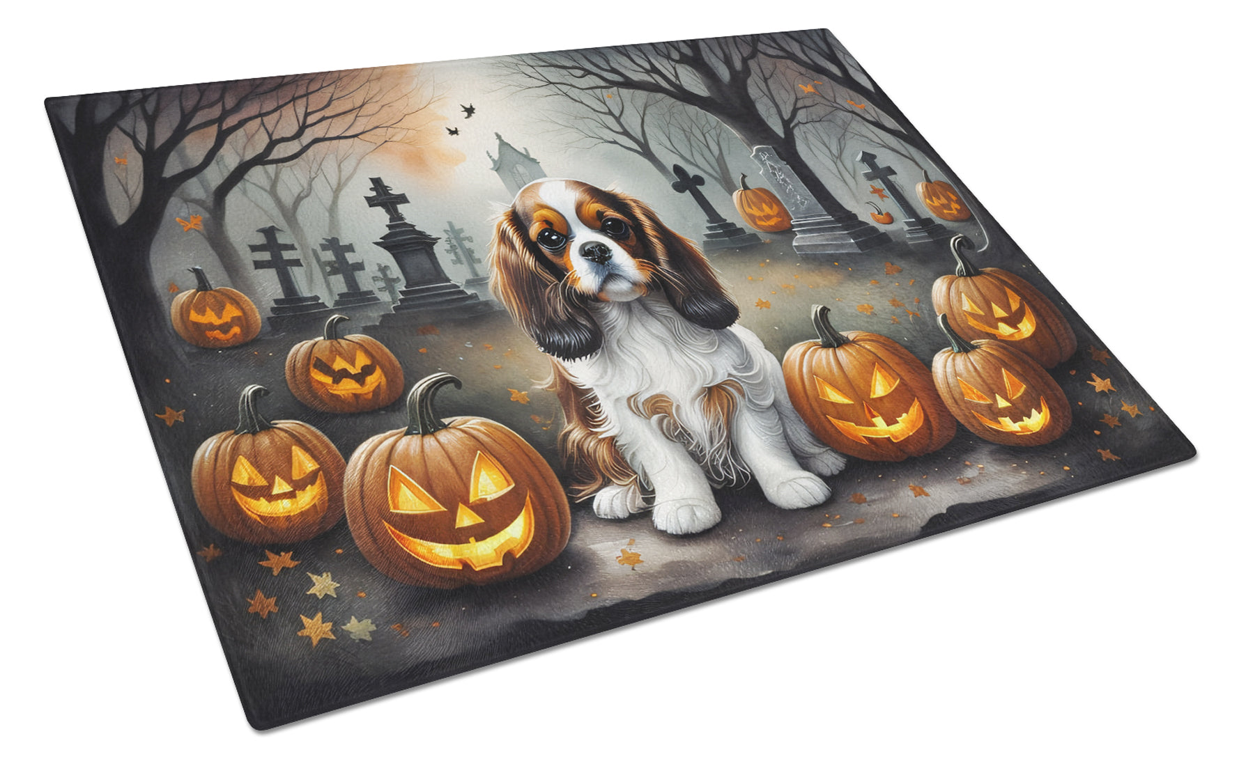 Cavalier Spaniel Spooky Halloween Cutting Board Tempered Glass Kitchen Cutting Surface, Heat Resistant Chopping, Non-Slip Feet, Food Prep & Serving