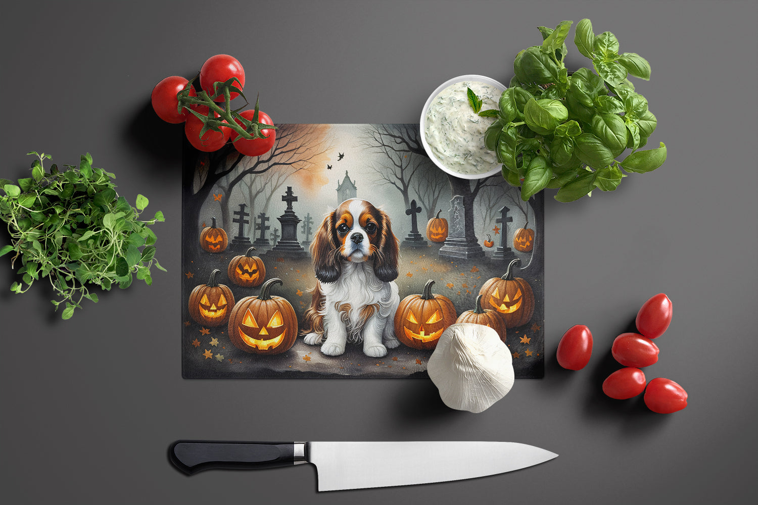 Cavalier Spaniel Spooky Halloween Cutting Board Tempered Glass Kitchen Cutting Surface, Heat Resistant Chopping, Non-Slip Feet, Food Prep & Serving