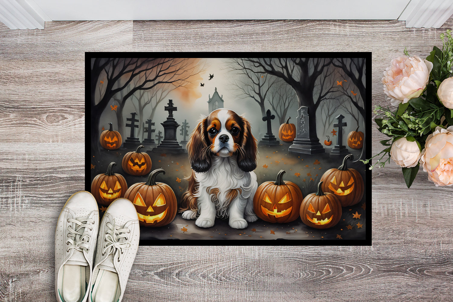 Cavalier Spaniel Spooky Halloween Doormat Indoor Outdoor 18H X 27W Front Door Mat Rugs for Entryway, Non Slip Washable