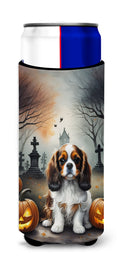 Cavalier Spaniel Spooky Halloween Slim Can Hugger , Insulated Foam Hugger for 12 oz Slim Cans, Beer Bottles & Water Bottles, Printed in USA