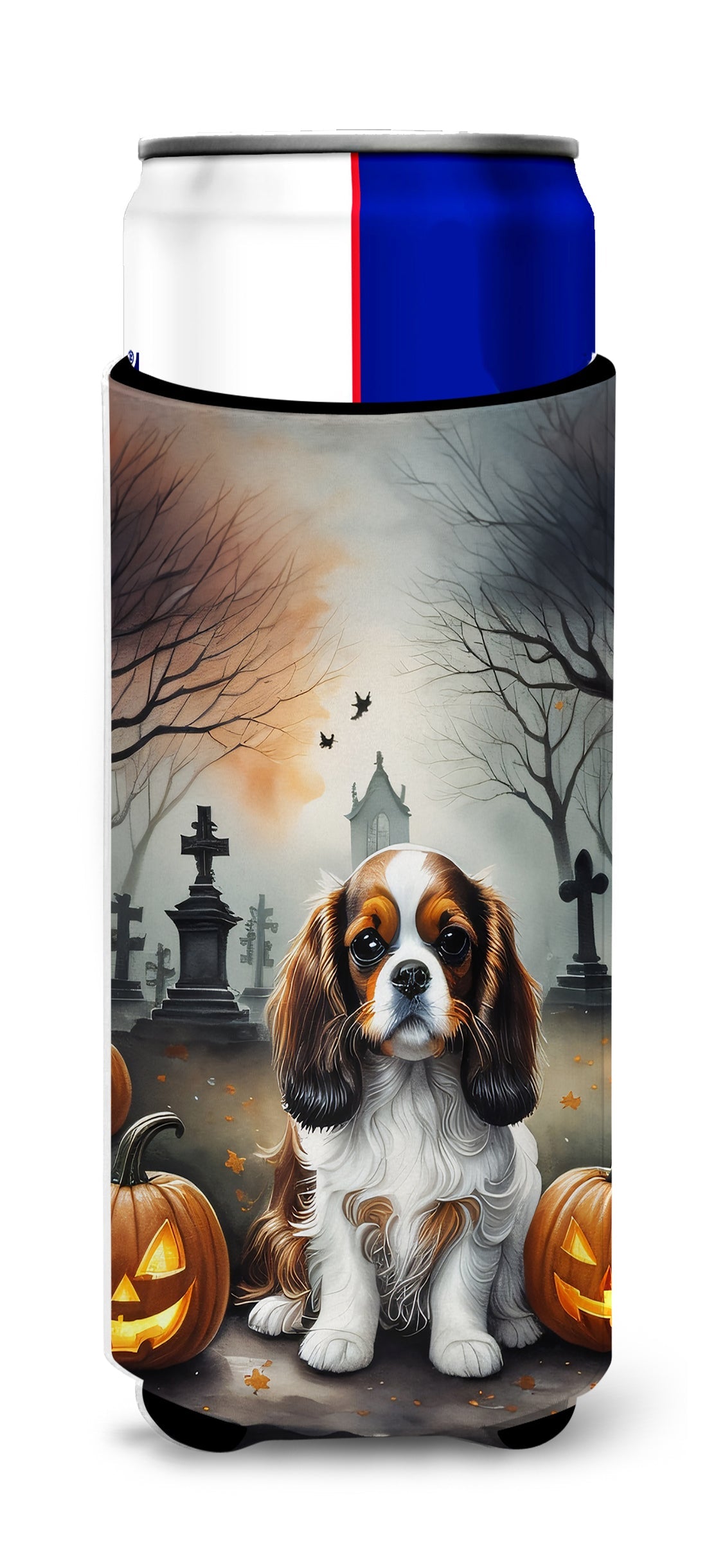 Cavalier Spaniel Spooky Halloween Slim Can Hugger , Insulated Foam Hugger for 12 oz Slim Cans, Beer Bottles & Water Bottles, Printed in USA