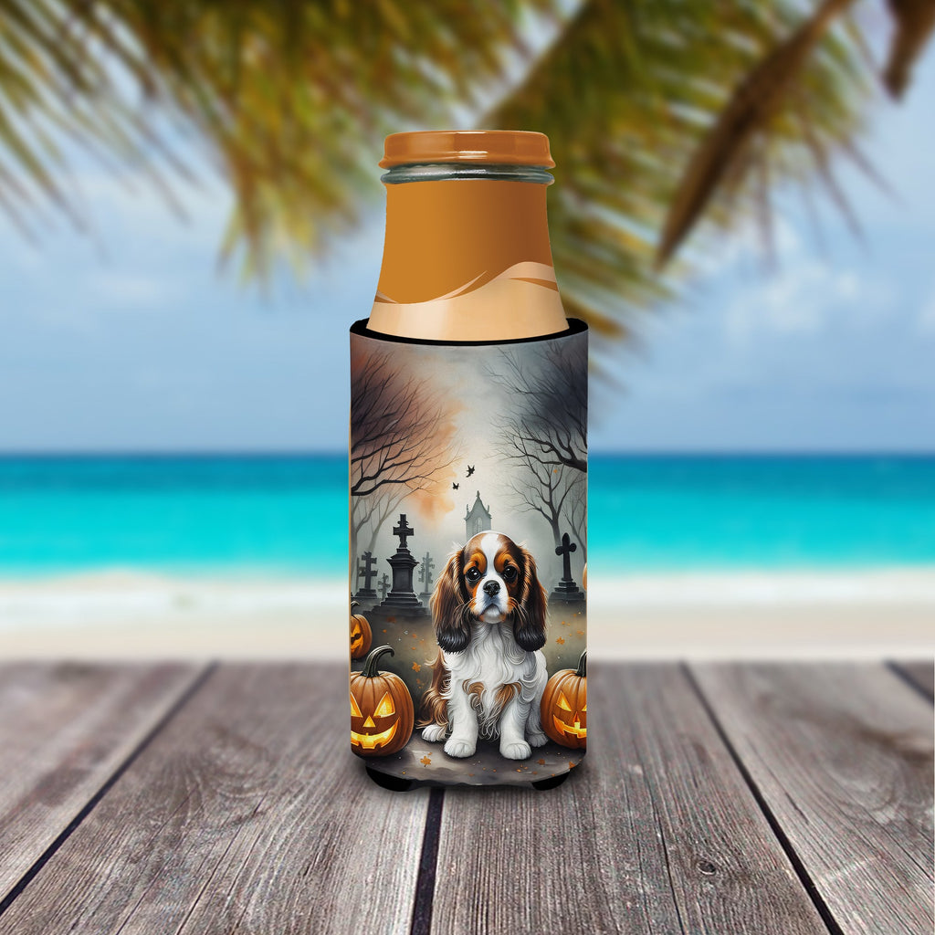 Cavalier Spaniel Spooky Halloween Slim Can Hugger , Insulated Foam Hugger for 12 oz Slim Cans, Beer Bottles & Water Bottles, Printed in USA