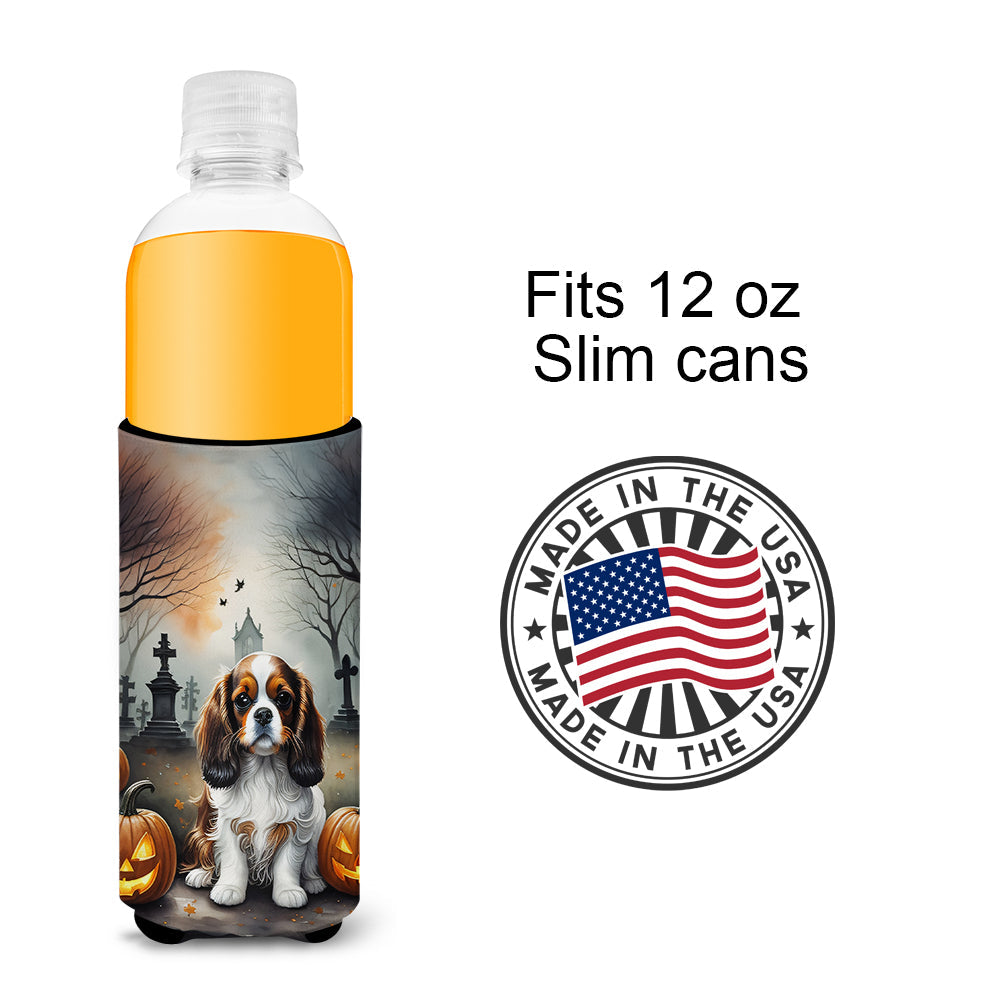Cavalier Spaniel Spooky Halloween Slim Can Hugger , Insulated Foam Hugger for 12 oz Slim Cans, Beer Bottles & Water Bottles, Printed in USA