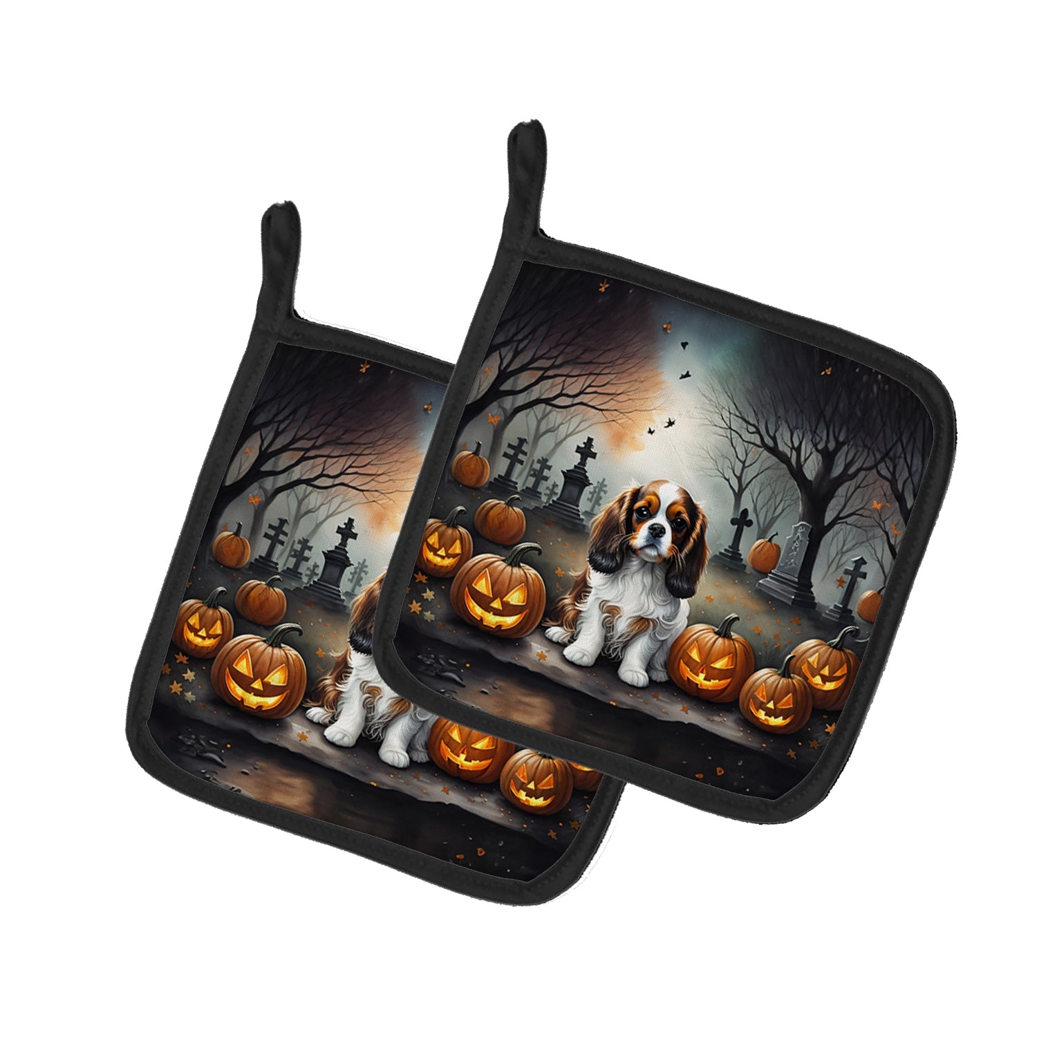 Cavalier Spaniel Spooky Halloween Pot Holder Set of 2 Heat Resistant Quilted Hot Pads 7.5 x 7.5 Inch, Insulated Kitchen Trivets for Cooking & Baking