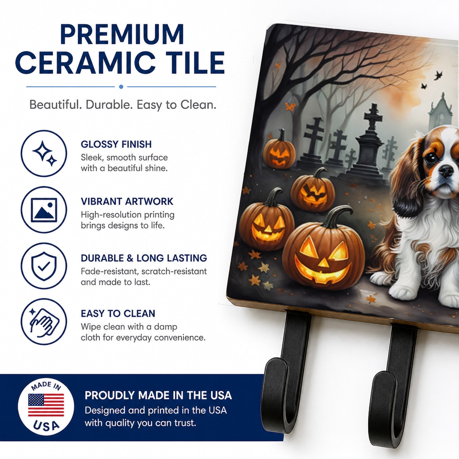 Cavalier Spaniel Spooky Halloween Leash or Key Holder Wall Hooks, Coat Rack Wall Mount, for Hanging Keys, Towels, Aprons, Leashes