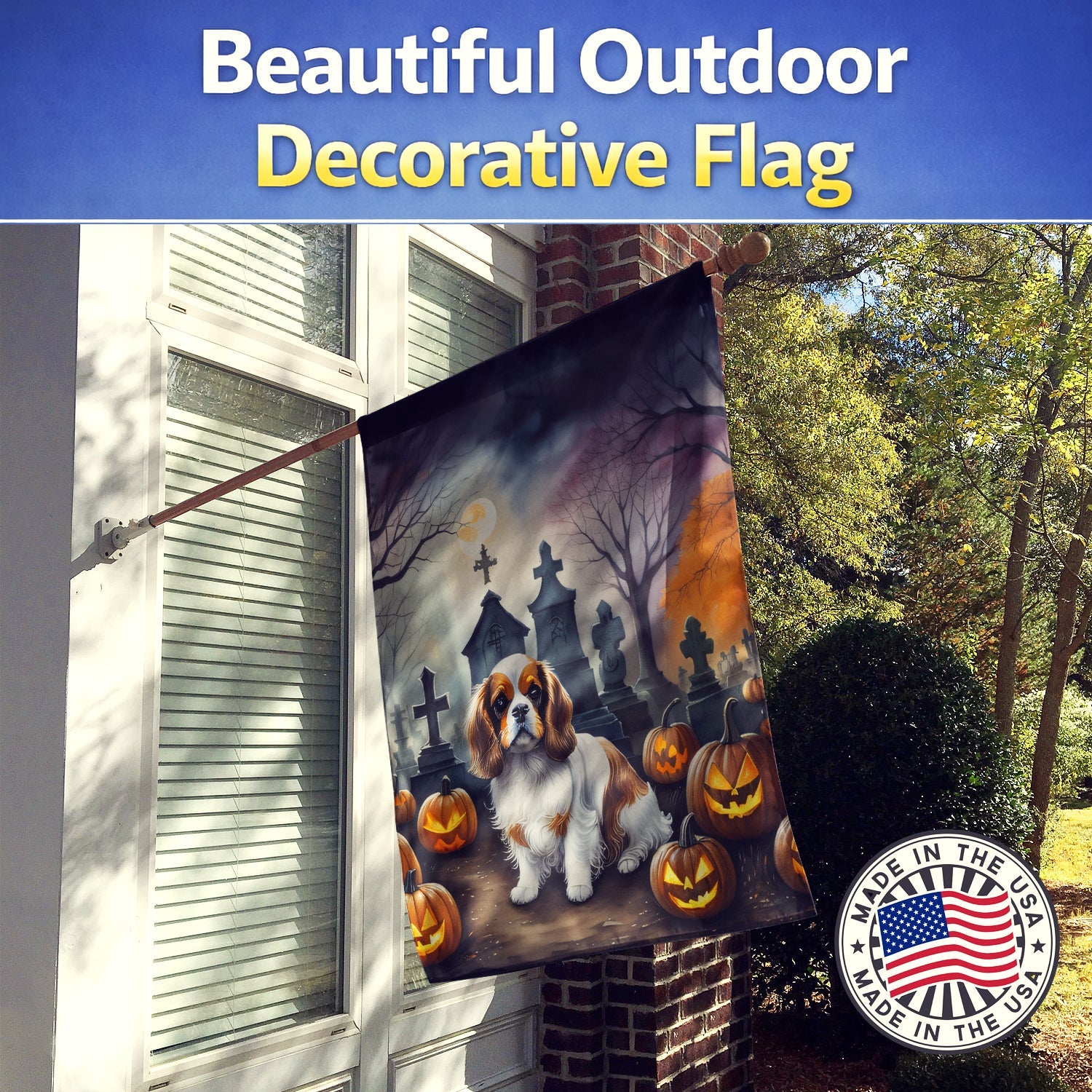 Cavalier Spaniel Spooky Halloween House Flag 28x40 Porch Sleeve Pole Decorative Outside Yard Banner Artwork Wall Hanging, Polyester