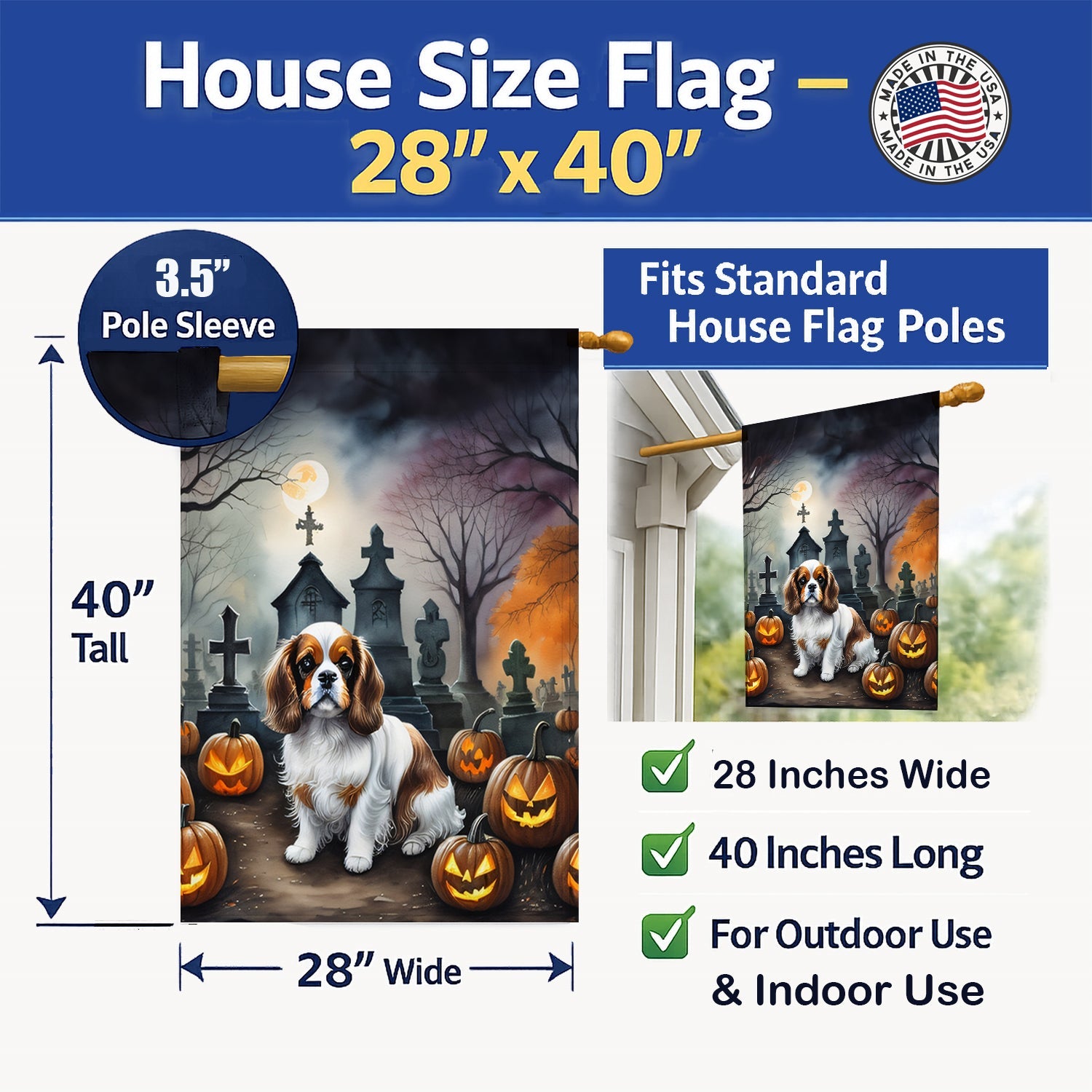 Cavalier Spaniel Spooky Halloween House Flag 28x40 Porch Sleeve Pole Decorative Outside Yard Banner Artwork Wall Hanging, Polyester
