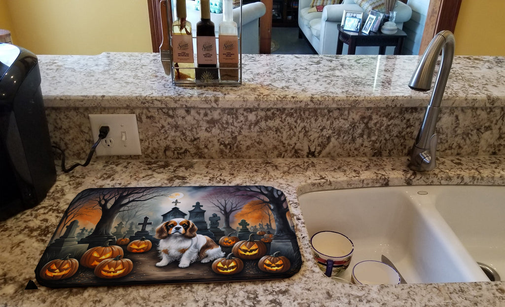 Cavalier Spaniel Spooky Halloween Dish Drying Mat Absorbent Dish Drying Mat Pad for Kitchen Counter Dish Drainer Mat for Countertop, 14 x 21", Multicolor