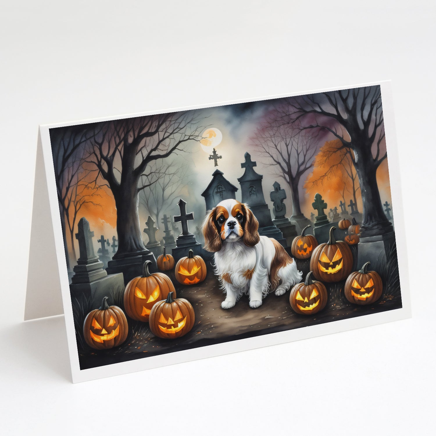 Cavalier Spaniel Spooky Halloween Greeting Cards Pack of 8 Blank Cards with Envelopes Whimsical A7 Size 5x7