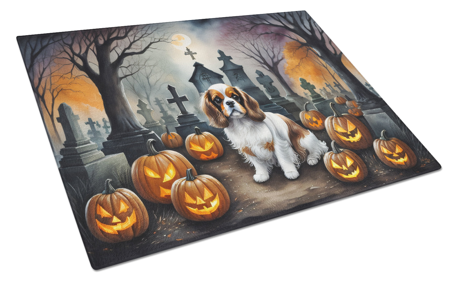 Cavalier Spaniel Spooky Halloween Cutting Board Tempered Glass Kitchen Cutting Surface, Heat Resistant Chopping, Non-Slip Feet, Food Prep & Serving