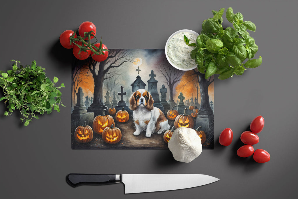 Cavalier Spaniel Spooky Halloween Cutting Board Tempered Glass Kitchen Cutting Surface, Heat Resistant Chopping, Non-Slip Feet, Food Prep & Serving