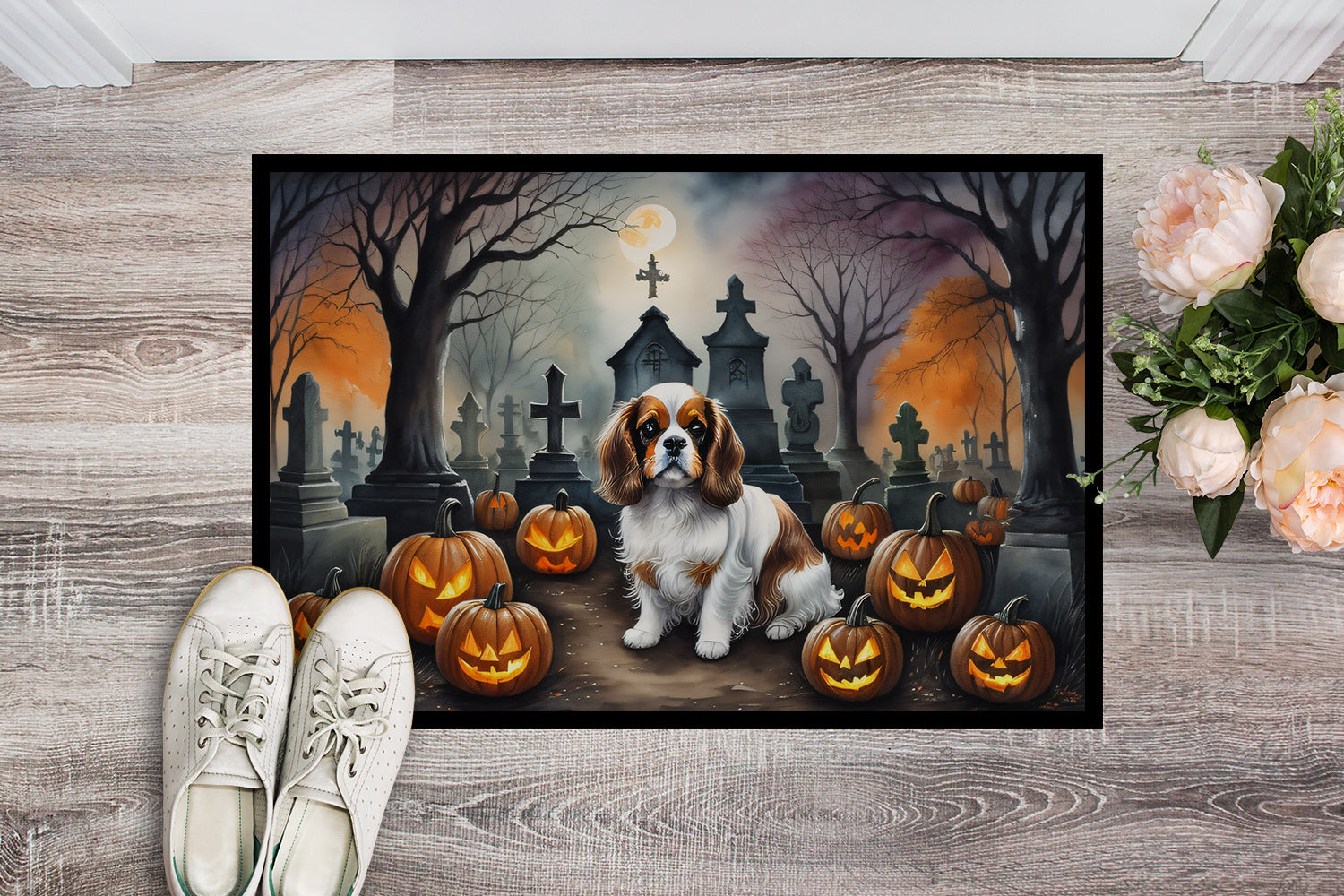Cavalier Spaniel Spooky Halloween Doormat Indoor Outdoor 18H X 27W Front Door Mat Rugs for Entryway, Non Slip Washable