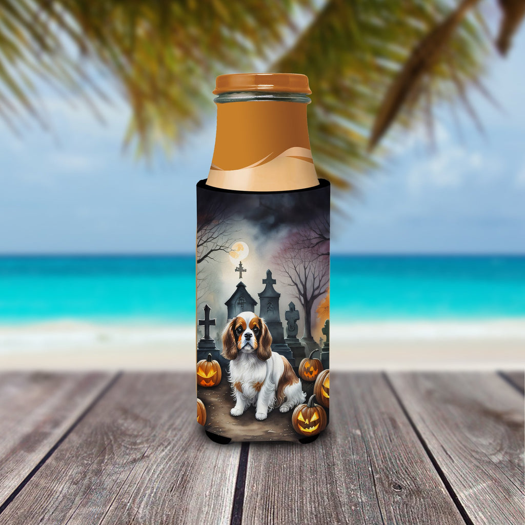 Cavalier Spaniel Spooky Halloween Slim Can Hugger , Insulated Foam Hugger for 12 oz Slim Cans, Beer Bottles & Water Bottles, Printed in USA