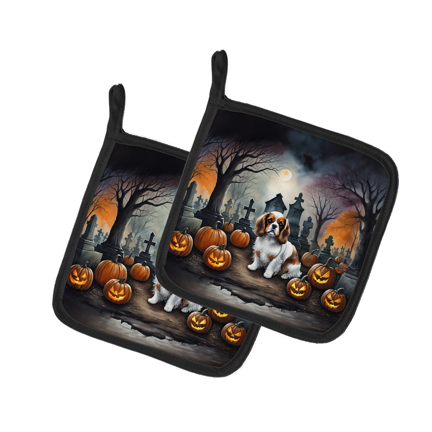 Cavalier Spaniel Spooky Halloween Pot Holder Set of 2 Heat Resistant Quilted Hot Pads 7.5 x 7.5 Inch, Insulated Kitchen Trivets for Cooking & Baking