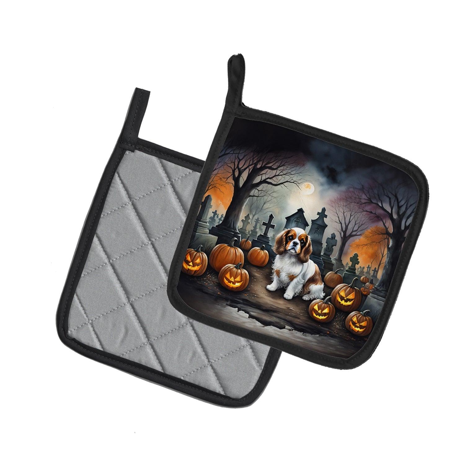 Cavalier Spaniel Spooky Halloween Pot Holder Set of 2 Heat Resistant Quilted Hot Pads 7.5 x 7.5 Inch, Insulated Kitchen Trivets for Cooking & Baking