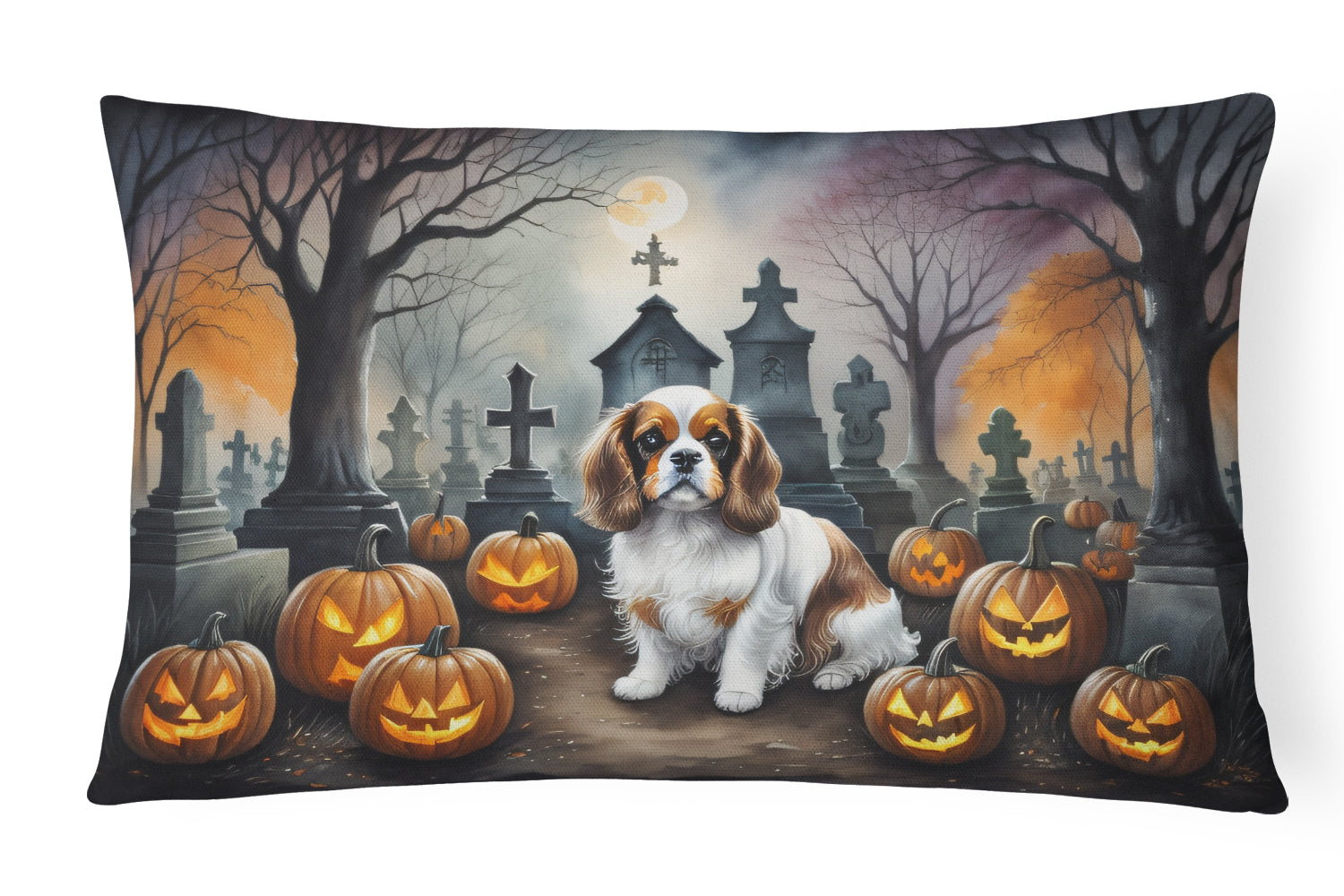 Cavalier Spaniel Spooky Halloween Decorative Throw Pillow 12x16 Indoor Outdoor Accent Cushion, Fabric Cover with Insert for Sofa, Bed, Porch & Living Room