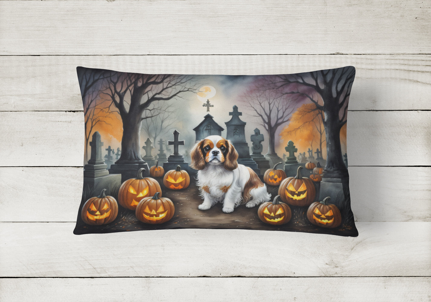 Cavalier Spaniel Spooky Halloween Decorative Throw Pillow 12x16 Indoor Outdoor Accent Cushion, Fabric Cover with Insert for Sofa, Bed, Porch & Living Room