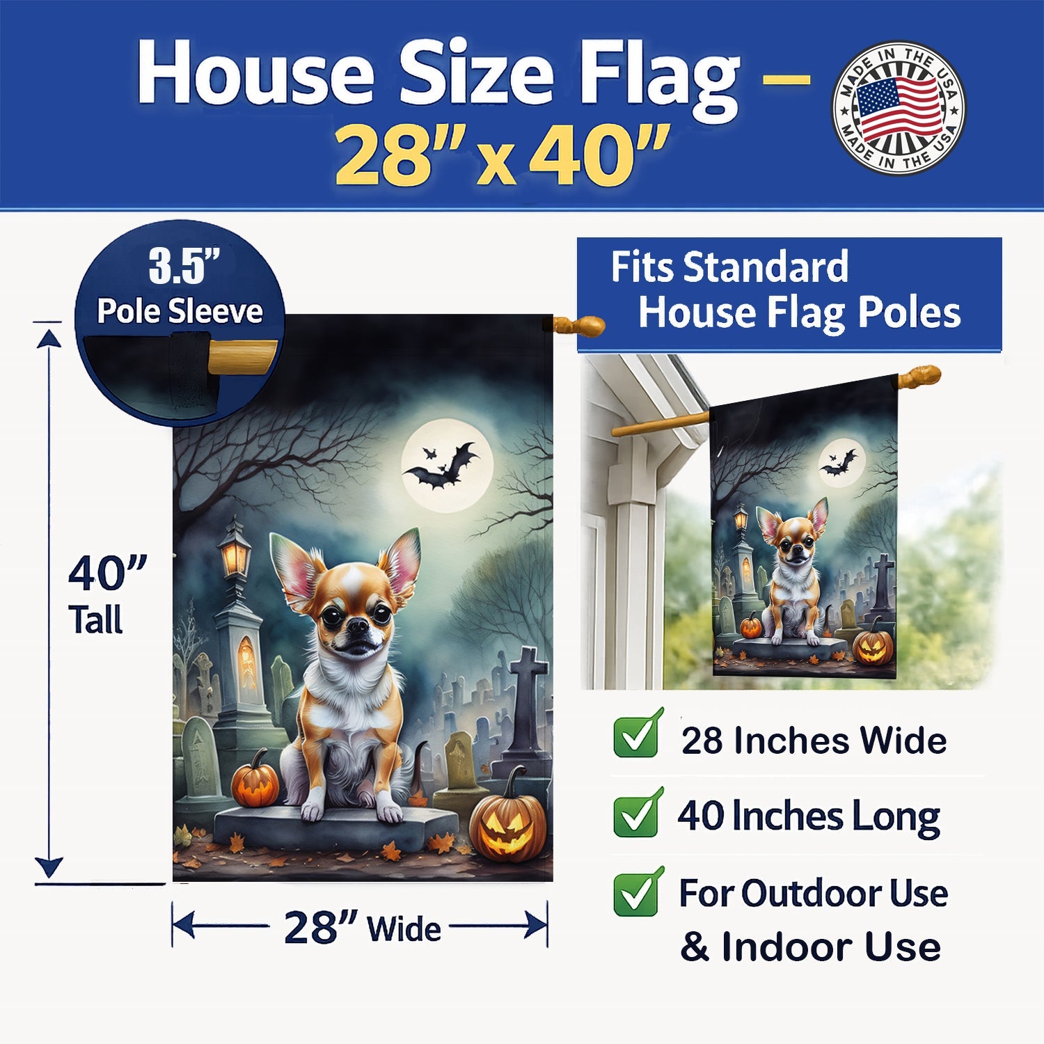 Chihuahua Spooky Halloween House Flag 28x40 Porch Sleeve Pole Decorative Outside Yard Banner Artwork Wall Hanging, Polyester