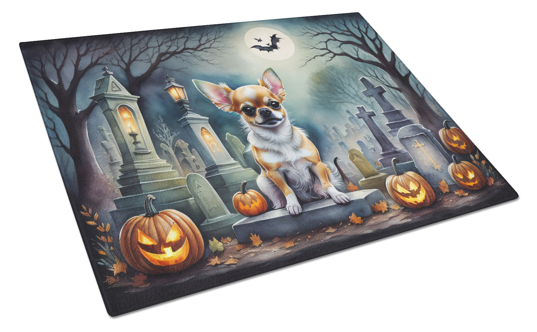 Chihuahua Spooky Halloween Cutting Board Tempered Glass Kitchen Cutting Surface, Heat Resistant Chopping, Non-Slip Feet, Food Prep & Serving