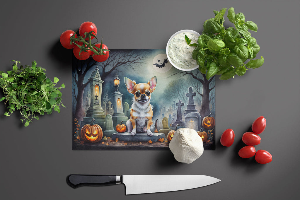 Chihuahua Spooky Halloween Cutting Board Tempered Glass Kitchen Cutting Surface, Heat Resistant Chopping, Non-Slip Feet, Food Prep & Serving