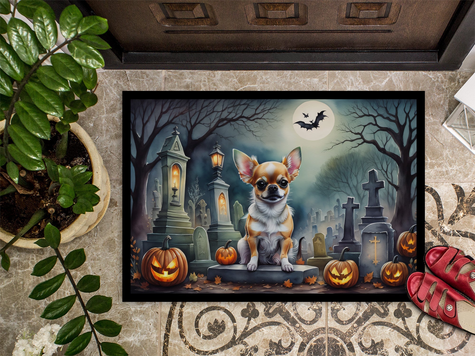 Chihuahua Spooky Halloween Doormat Indoor Outdoor 18H X 27W Front Door Mat Rugs for Entryway, Non Slip Washable