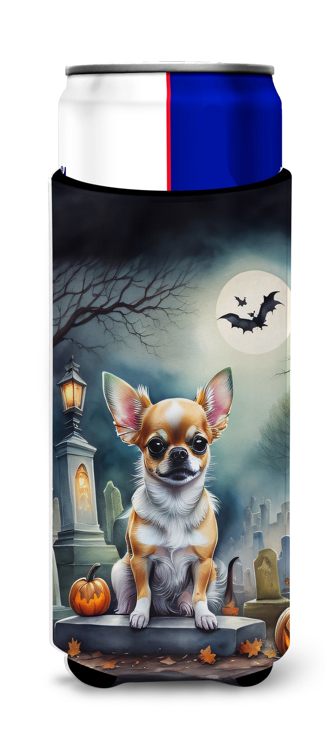 Chihuahua Spooky Halloween Slim Can Hugger , Insulated Foam Hugger for 12 oz Slim Cans, Beer Bottles & Water Bottles, Printed in USA
