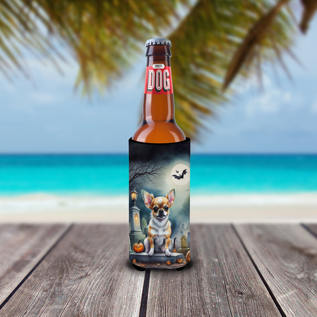 Chihuahua Spooky Halloween Slim Can Hugger , Insulated Foam Hugger for 12 oz Slim Cans, Beer Bottles & Water Bottles, Printed in USA