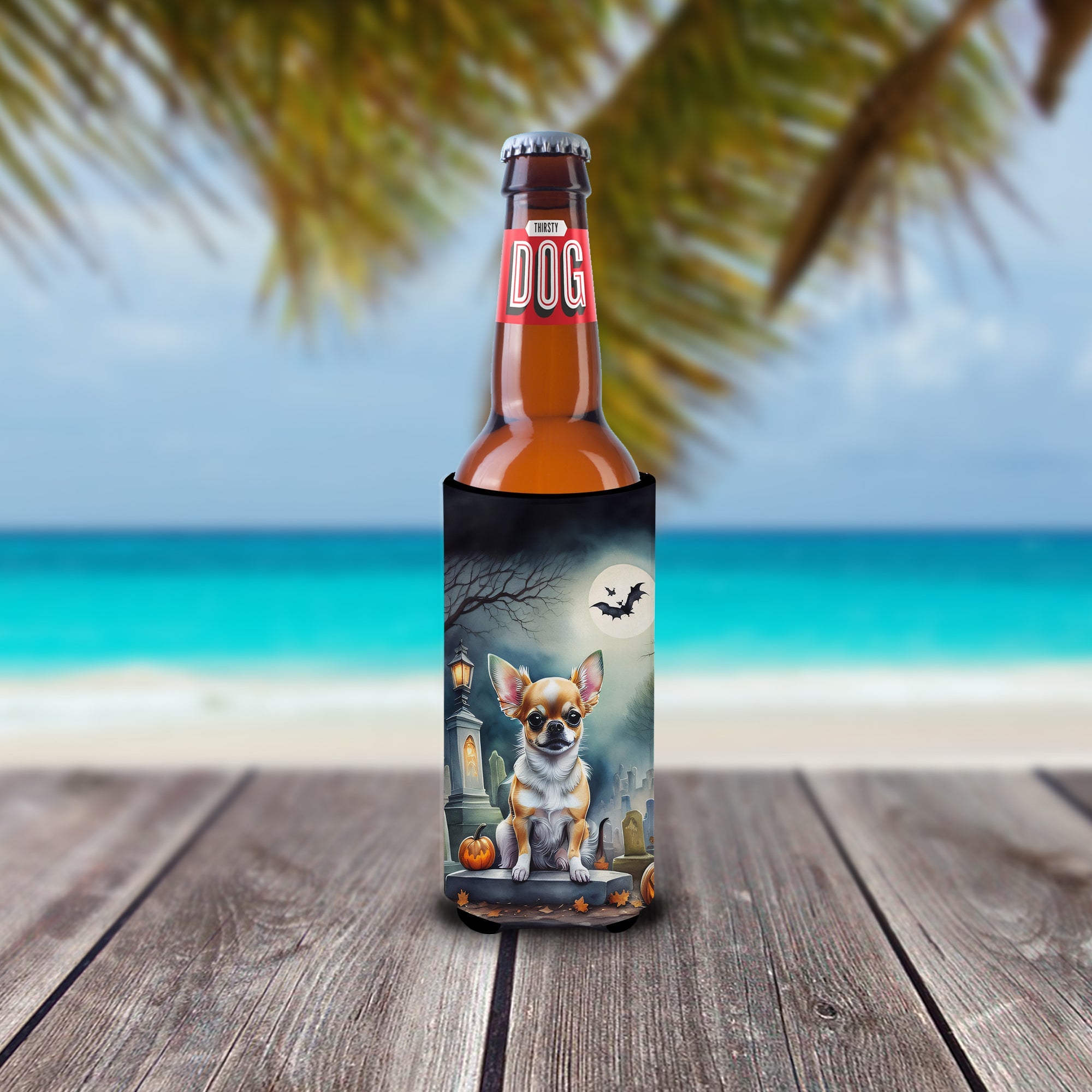 Chihuahua Spooky Halloween Slim Can Hugger , Insulated Foam Hugger for 12 oz Slim Cans, Beer Bottles & Water Bottles, Printed in USA