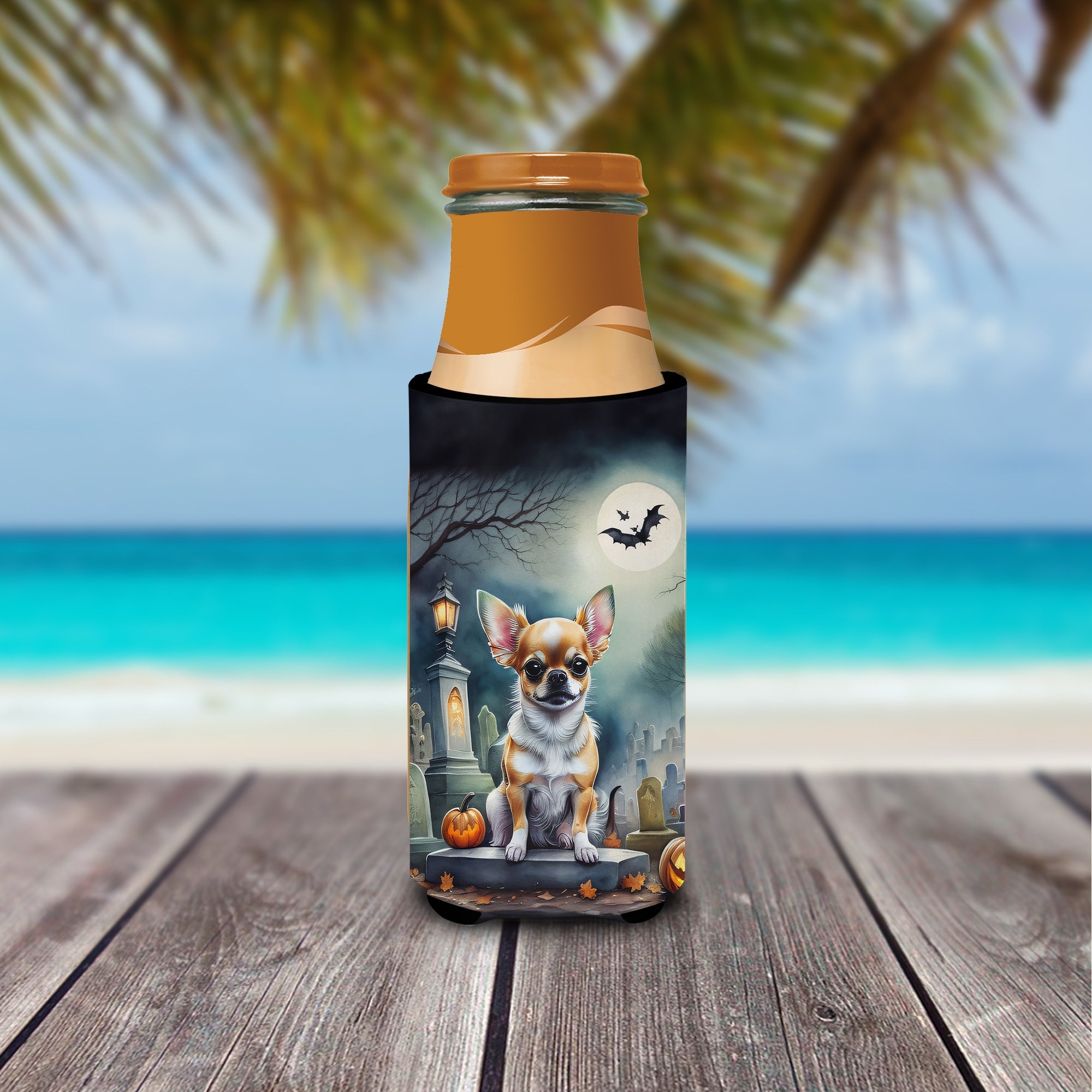 Chihuahua Spooky Halloween Slim Can Hugger , Insulated Foam Hugger for 12 oz Slim Cans, Beer Bottles & Water Bottles, Printed in USA
