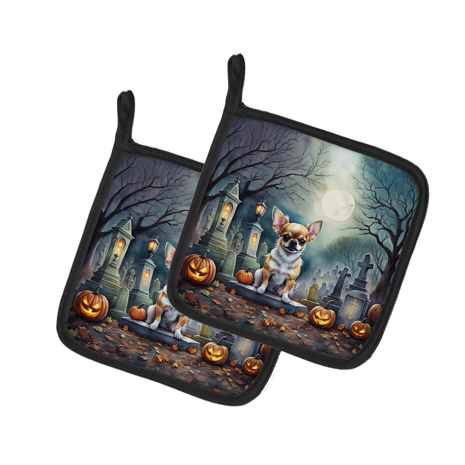 Chihuahua Spooky Halloween Pot Holder Set of 2 Heat Resistant Quilted Hot Pads 7.5 x 7.5 Inch, Insulated Kitchen Trivets for Cooking & Baking