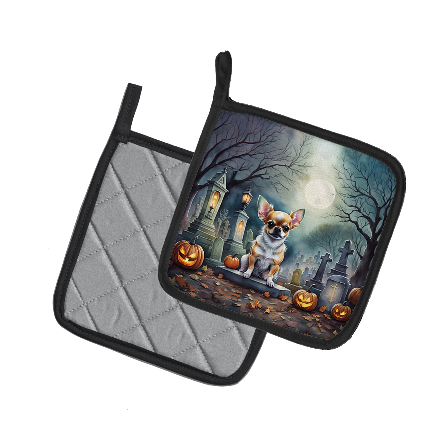 Chihuahua Spooky Halloween Pot Holder Set of 2 Heat Resistant Quilted Hot Pads 7.5 x 7.5 Inch, Insulated Kitchen Trivets for Cooking & Baking