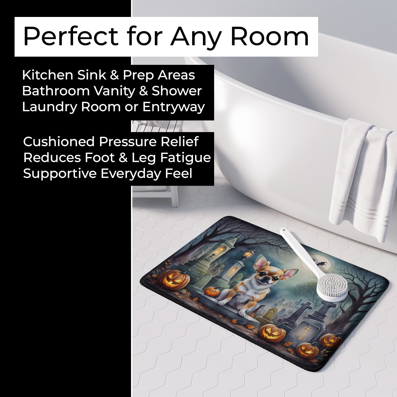 Chihuahua Spooky Halloween Memory Foam Kitchen Mat Machine Washable Anti-Fatigue Cushion Comfort Bath or Kitchen Rug