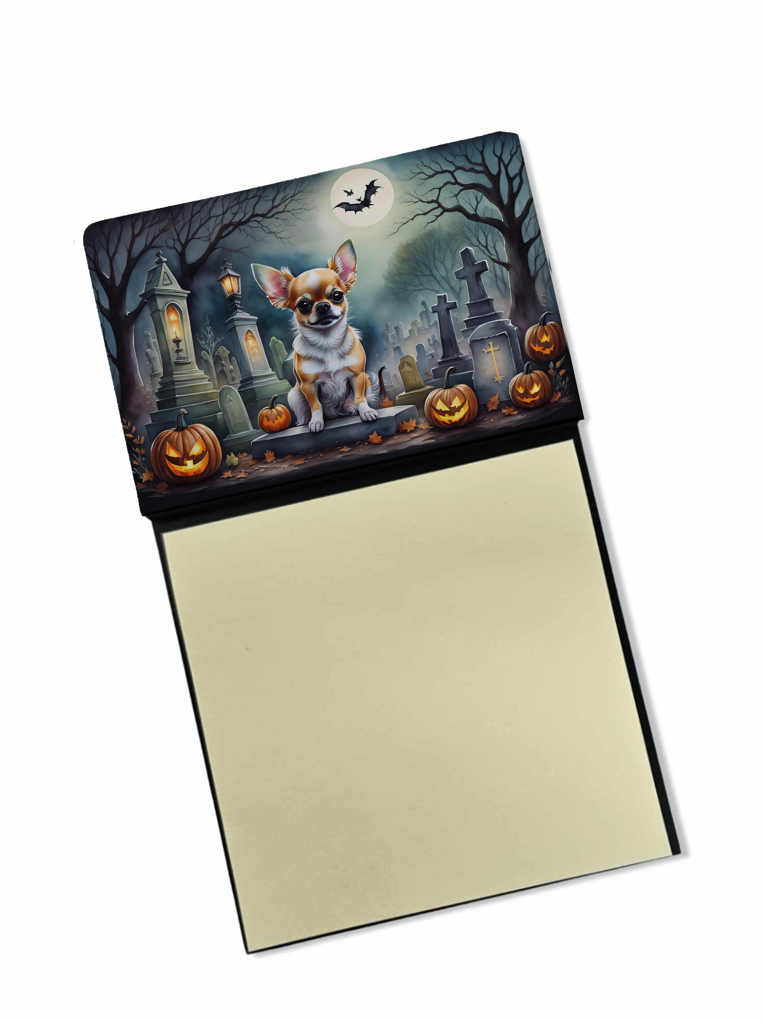 Chihuahua Spooky Halloween Watercolor Sticky Note Holder Refillable Dispenser Desk Accessory 3x3 Pad Gift