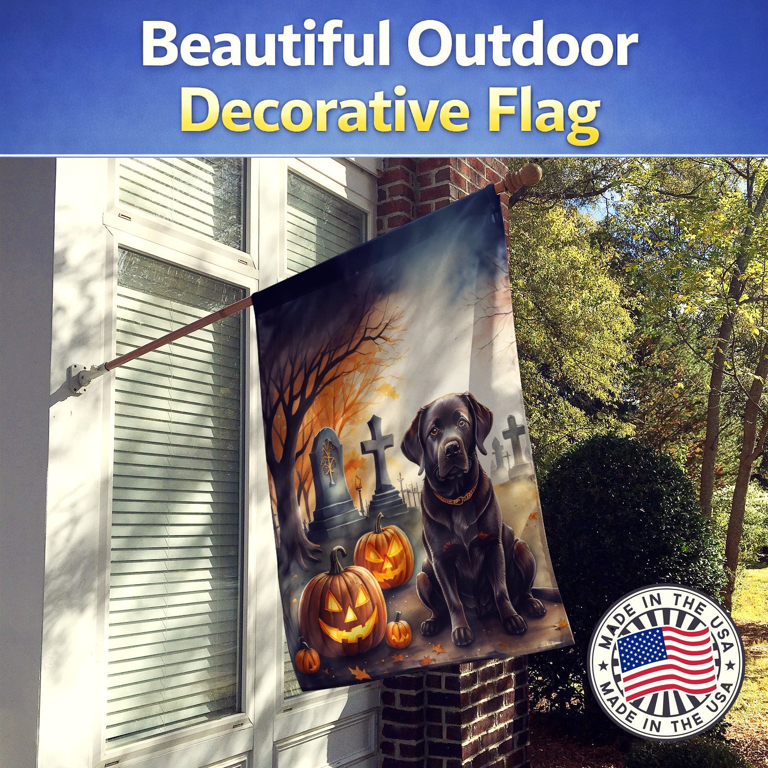Chocolate Labrador Retriever Spooky Halloween House Flag 28x40 Porch Sleeve Pole Decorative Outside Yard Banner Artwork Wall Hanging, Polyester