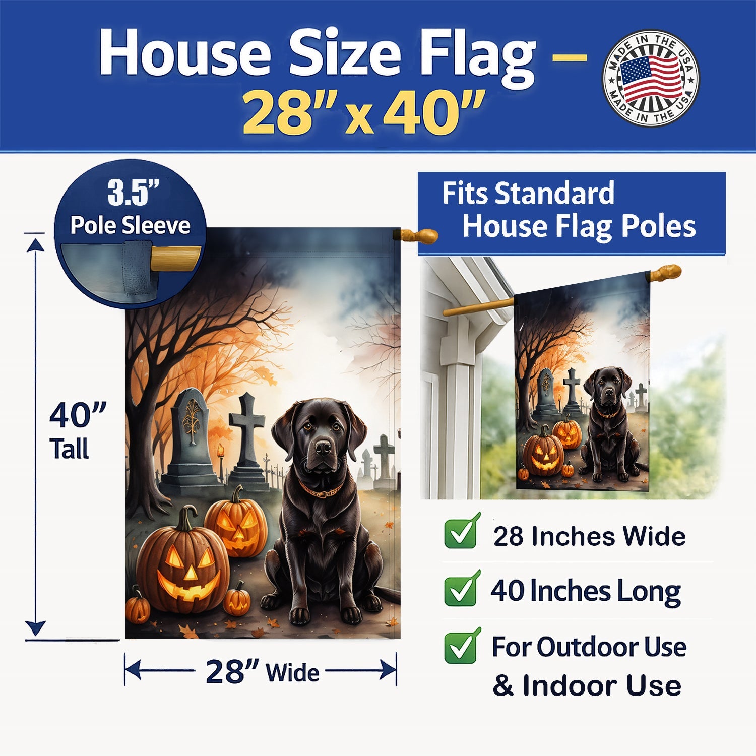 Chocolate Labrador Retriever Spooky Halloween House Flag 28x40 Porch Sleeve Pole Decorative Outside Yard Banner Artwork Wall Hanging, Polyester