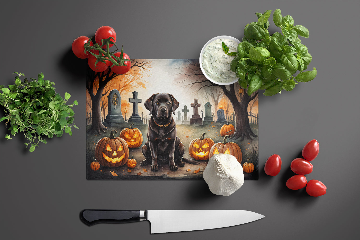 Chocolate Labrador Retriever Spooky Halloween Cutting Board Tempered Glass Kitchen Cutting Surface, Heat Resistant Chopping, Non-Slip Feet, Food Prep & Serving