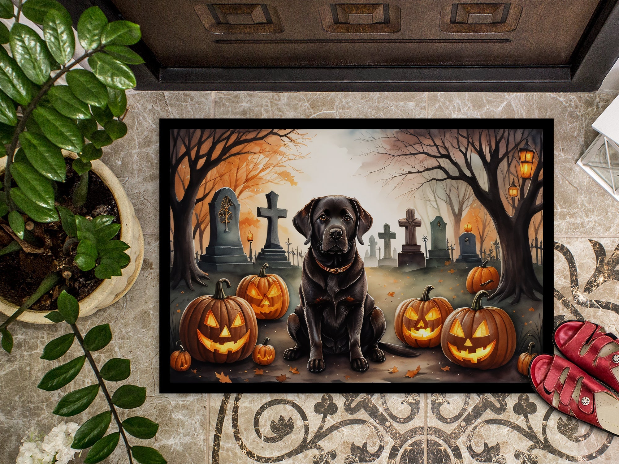 Chocolate Labrador Retriever Spooky Halloween Doormat Indoor Outdoor 18H X 27W Front Door Mat Rugs for Entryway, Non Slip Washable